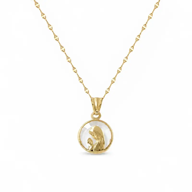 Conjunto de Medalla Virgen Niña de 12mm con cadena caffe de 40cm, todo de oro amarillo 18k.