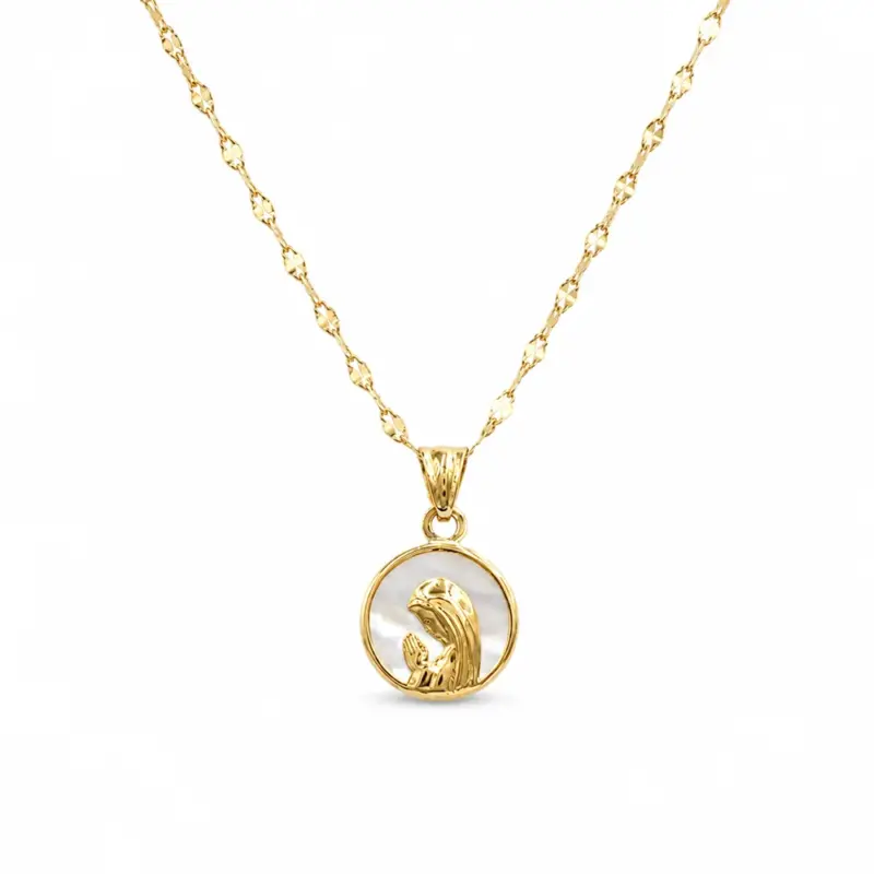 Conjunto Medalla Virgen Niña 12mm con cadena caffe de 40cm. De oro amarillo 18k con madreperla.