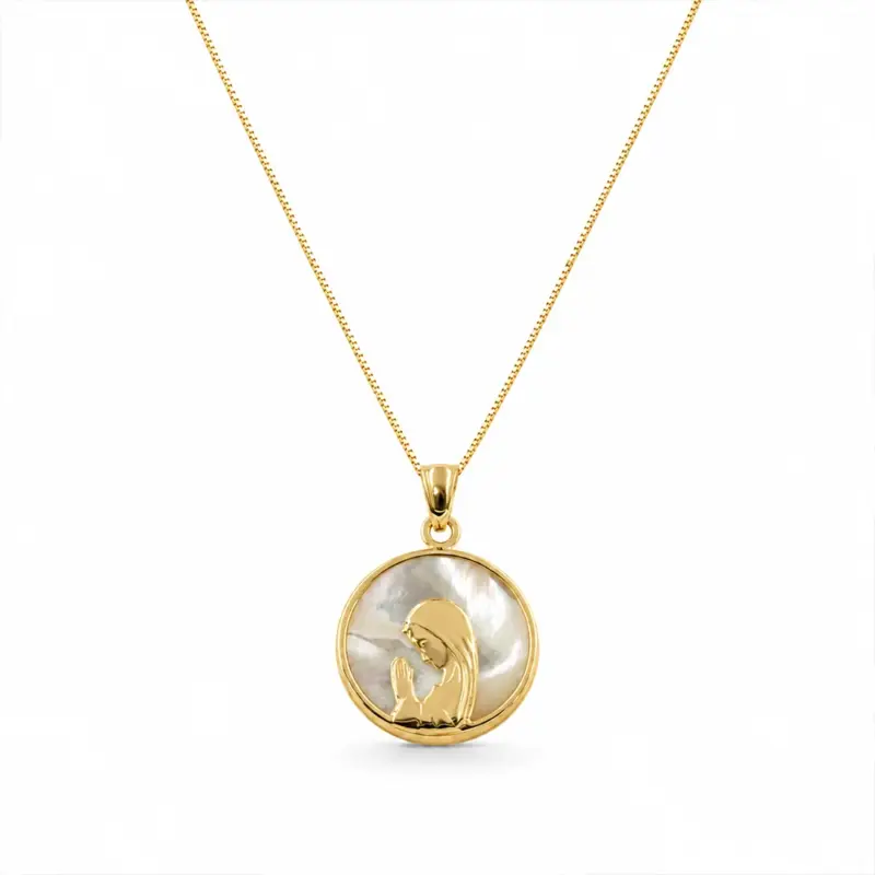 Conjunto completo de medalla virgen niña de 17mm con cadena veneciana de 45cm. Piezas de oro amarillo 18k.