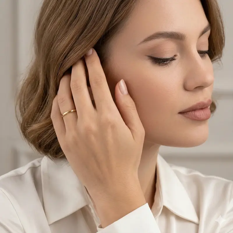 argolla de matrimonio delgada oro 18k diseño clásico inglés puesta en modelo femenina