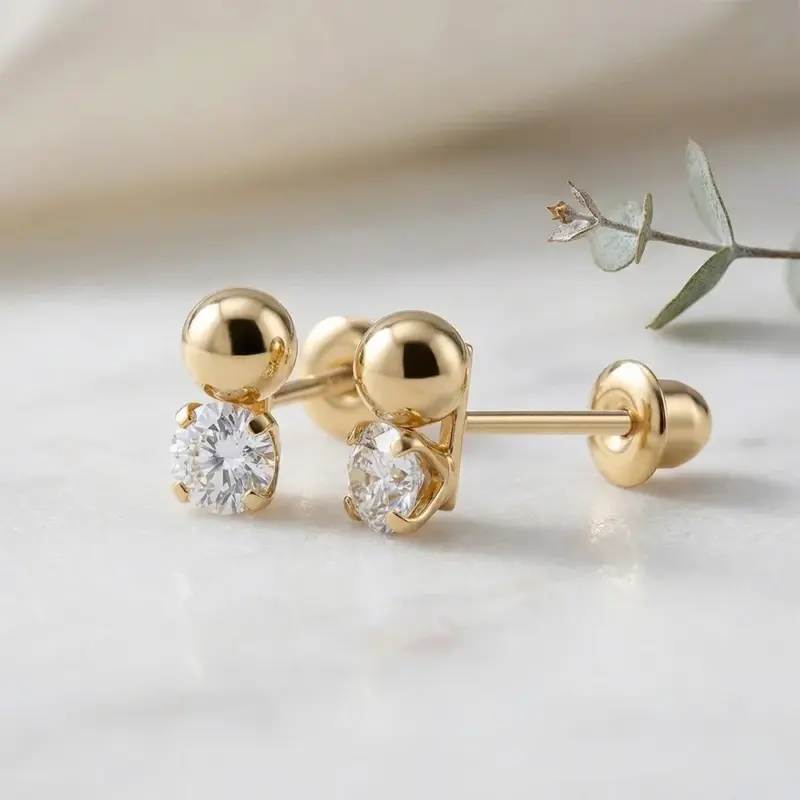 aros pequeños oro 18k bolita y piedra brillante